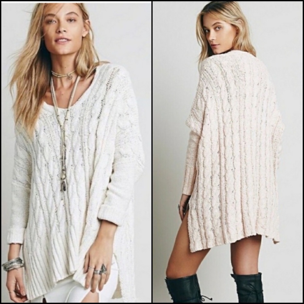 Free People Cream V-Neck Cable Knit Dolman Sleeve Sweater - Picture 2 of 10